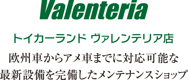 トイカーランド バレンテリア店 欧州車からアメ車までに対応可能な最新設備を完備したメンテナンスショップ